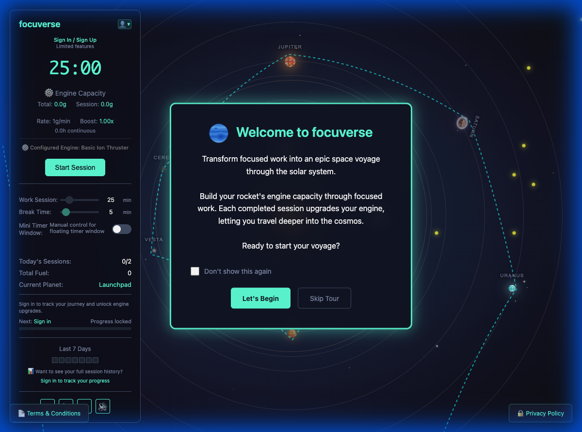 focuverse Pomodoro timer interface showing the cosmic theme, 25-minute countdown, and rocket fuel gamification